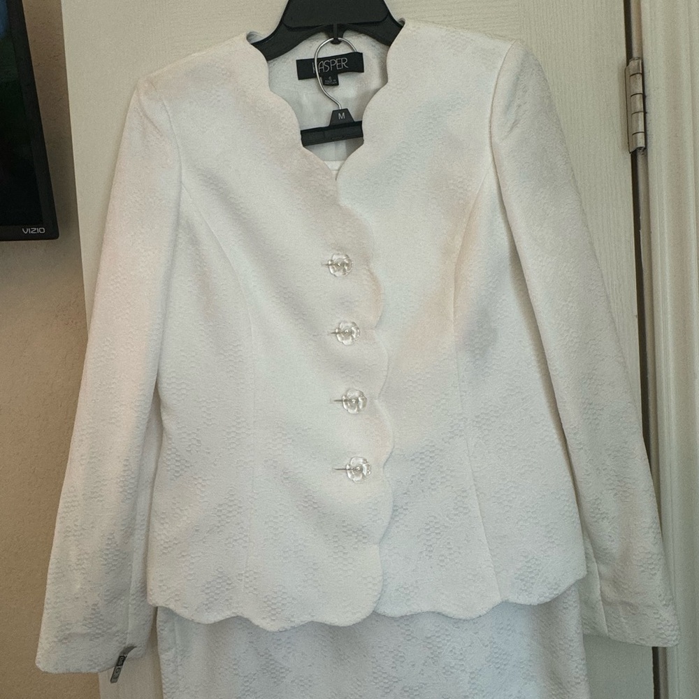 All white Kasper suit: floral brocade print
